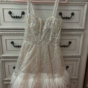 Bronx and Banco Sequin Feather Mini Dress in Silver and White